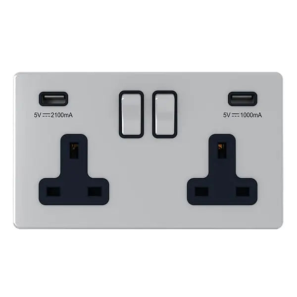 SNOWLITE 13A 2 Gang USB Switched Socket USB Output 3.1Amp Silver